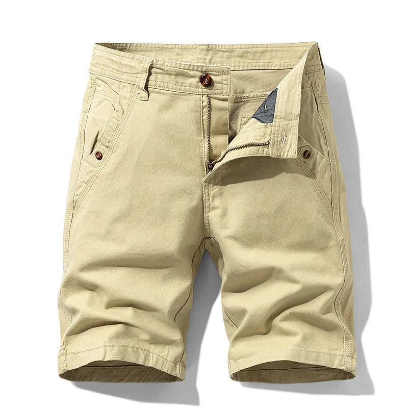 Pure cotton casual overalls pants with straight leg and zipper fly in khaki colour on plain background