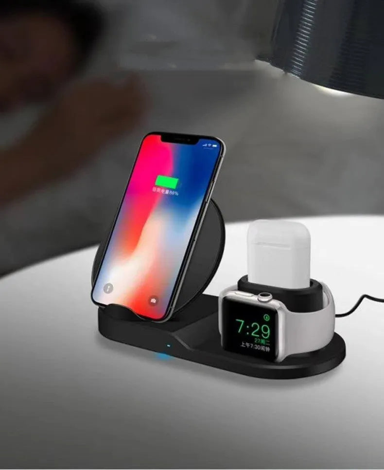 Black three-in-one wireless charger station with phone pad and watch output on a desk, 10W fast charging