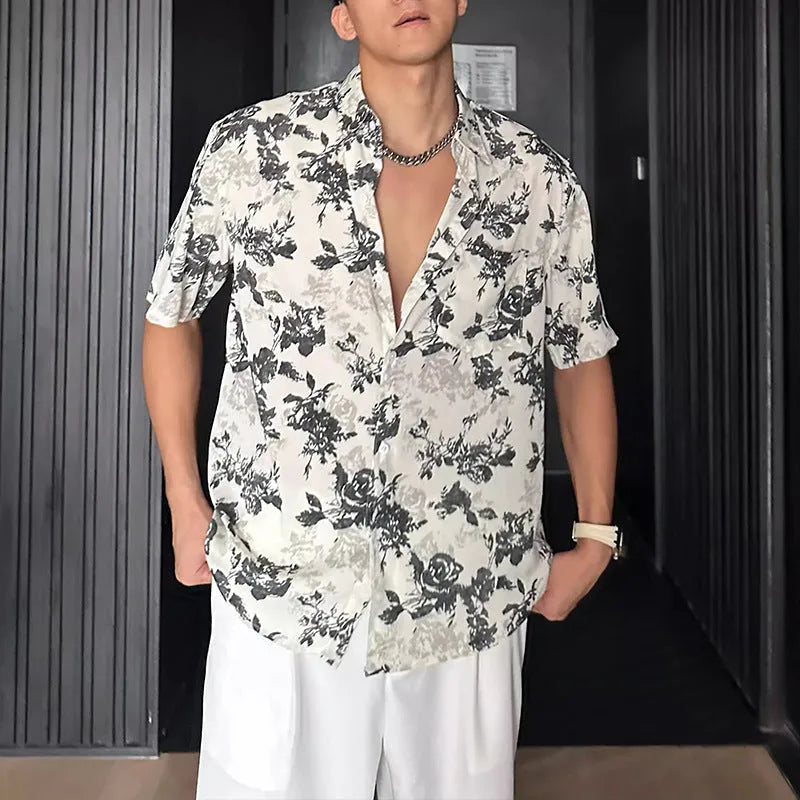 Men's loose casual short sleeve shirt with floral pattern in black or white colours