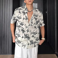 Men's loose casual short sleeve shirt with floral pattern in black or white colours