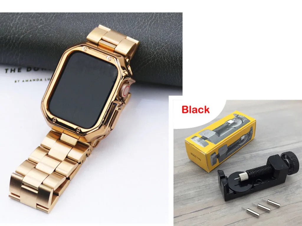 Stainless steel strap and TPU protective frame set for Apple Watch in silver, black, gold, rose gold colour options