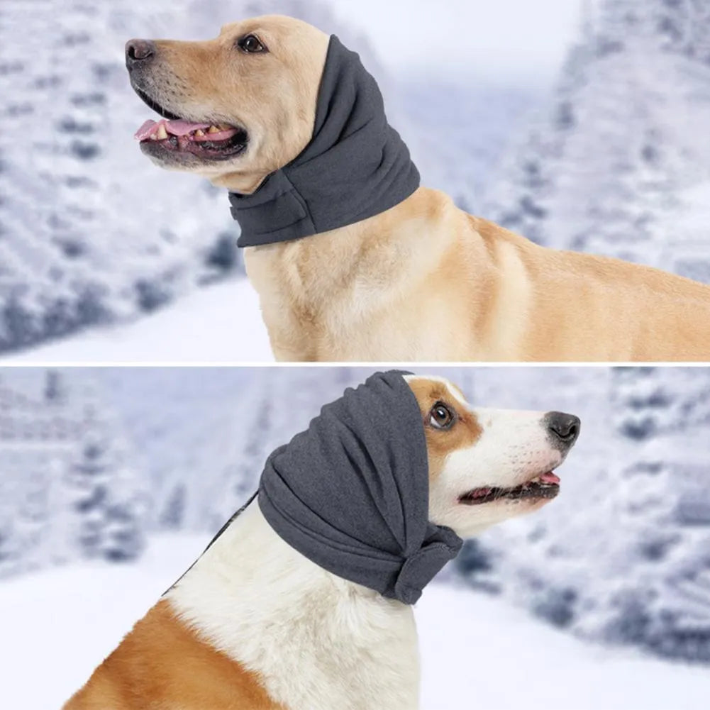 Black dog calming hoodie with ear muffs and closure, sized for medium dogs