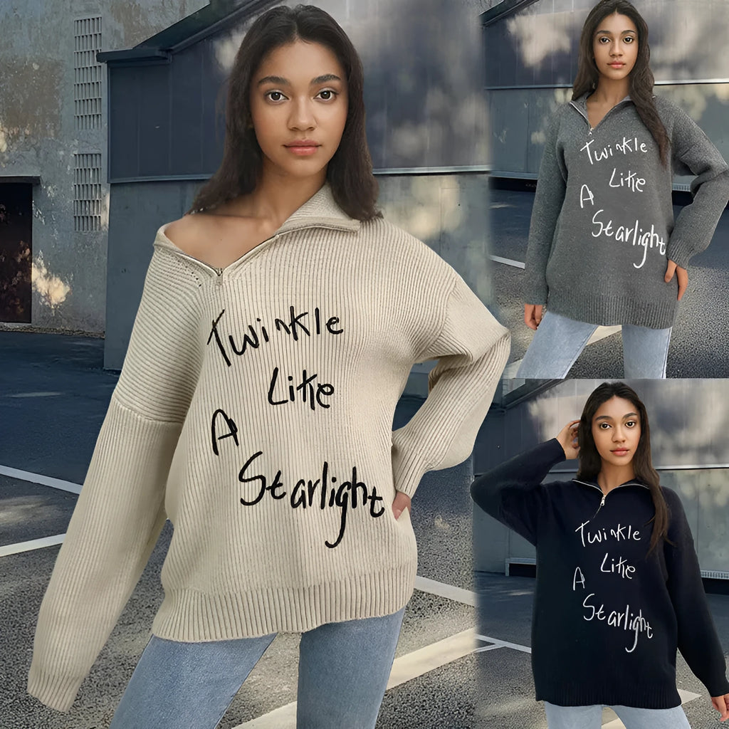 Women's grey alpaca wool pullover sweater with oblique diagonal zip and retro turtleneck collar.