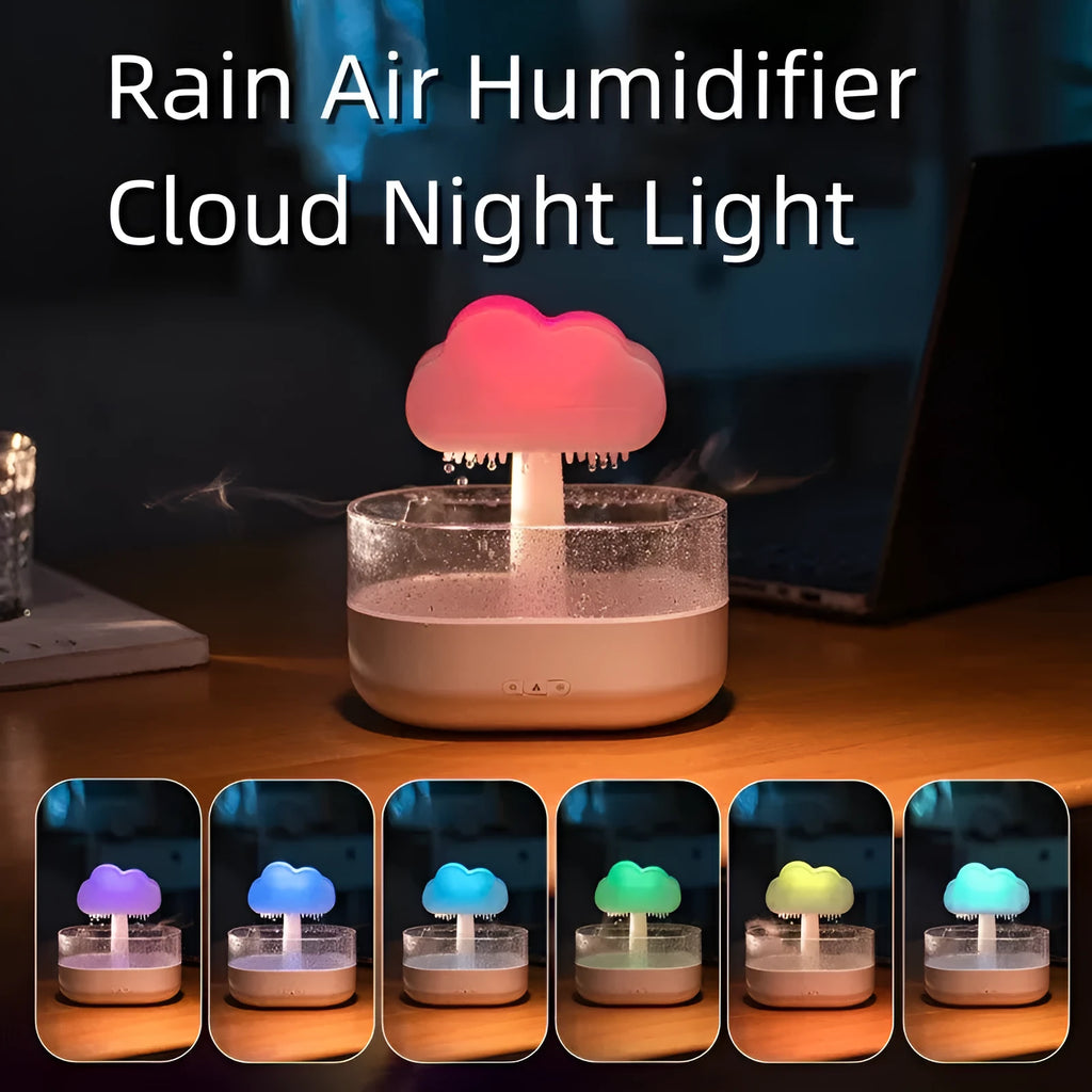 Rain cloud night light humidifier with 7 colour LED lights and raining water drop sound in white