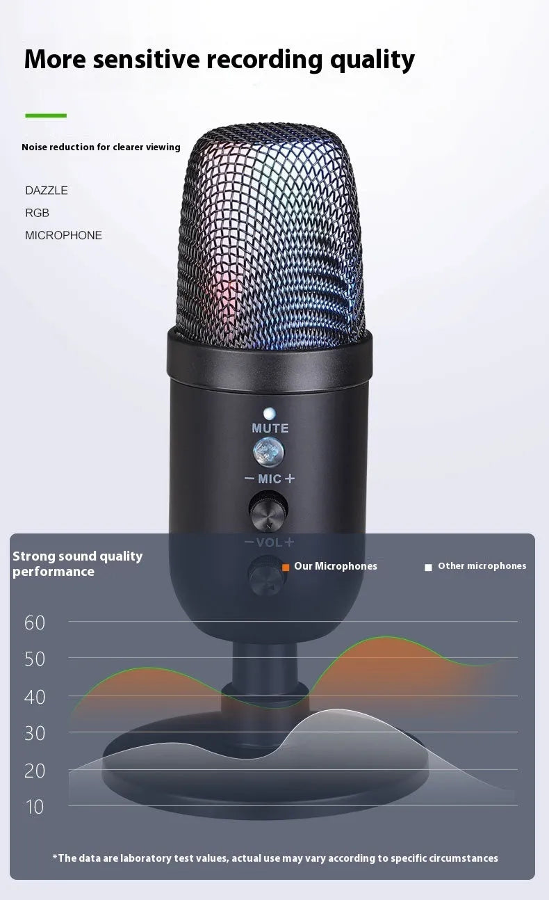 Black USB microphone with RGB lighting for computer live streaming and karaoke