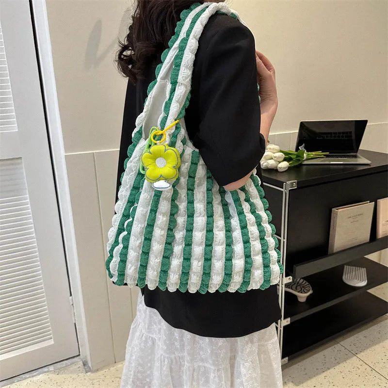 Pleated bubble bag women sweet flower design polyester soft vertical square crossbody shoulder bag with pendant in beige