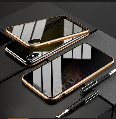 Anti-peep double-sided magneto phone case with metal frame and tempered glass for iPhone – solid colour flip cover