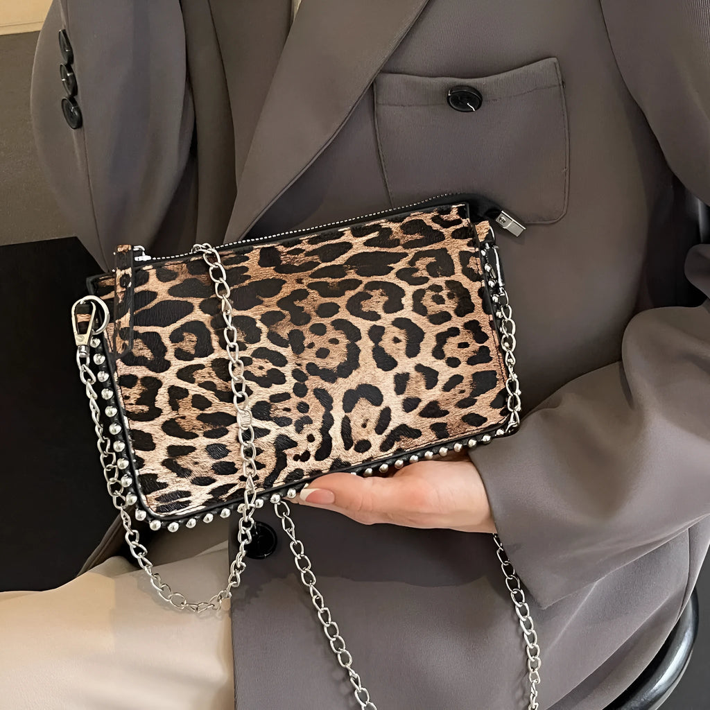 Women's casual crossbody underarm bag in brown PU with chain detail and horizontal square shape