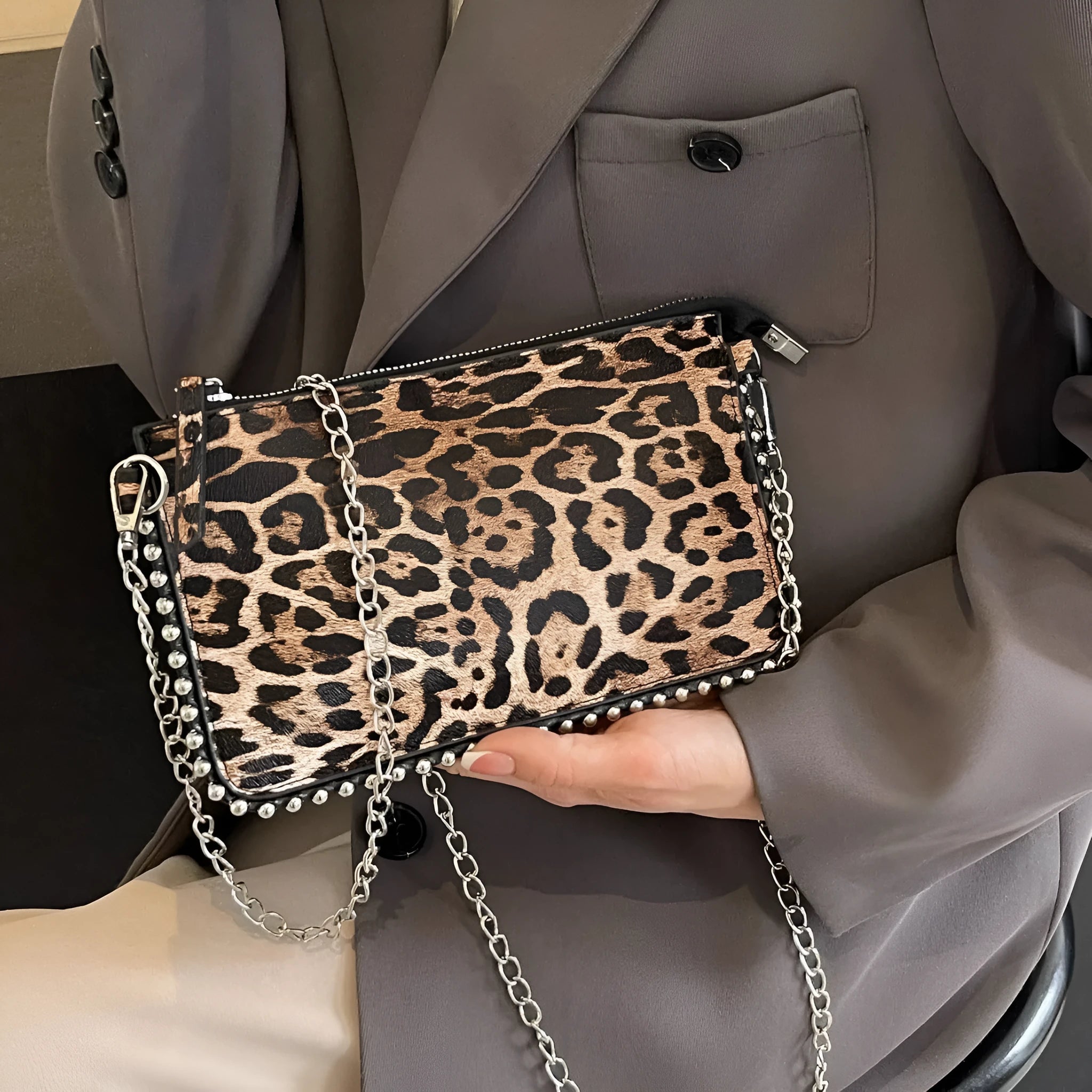 Women's casual crossbody underarm bag in brown PU with chain detail and horizontal square shape