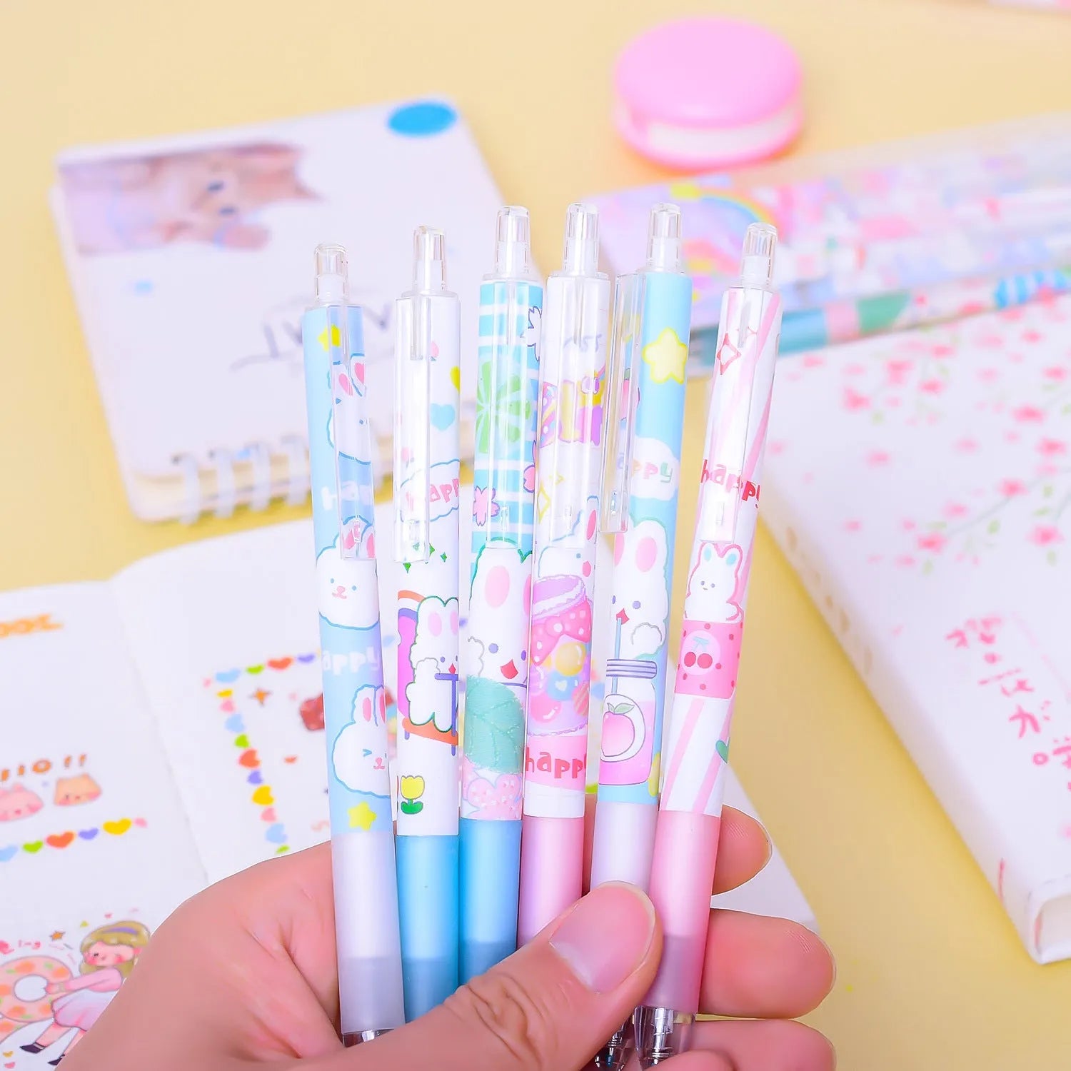 Six cartoon bunny black pens with 0.5mm tips arranged in stationery set