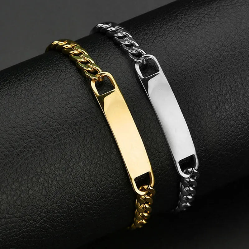 Personalised stainless steel bracelet with laser engraved human eye design, available in black, gold, and silver finishes