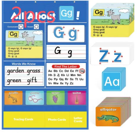 Alphabet learning chart with cards displayed on 60x40cm surface showing words letters pictures