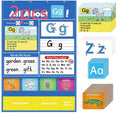 Alphabet learning chart with cards displayed on 60x40cm surface showing words letters pictures