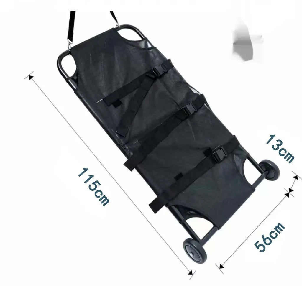Large black aluminium alloy pet stretcher shown in a folded storage configuration.