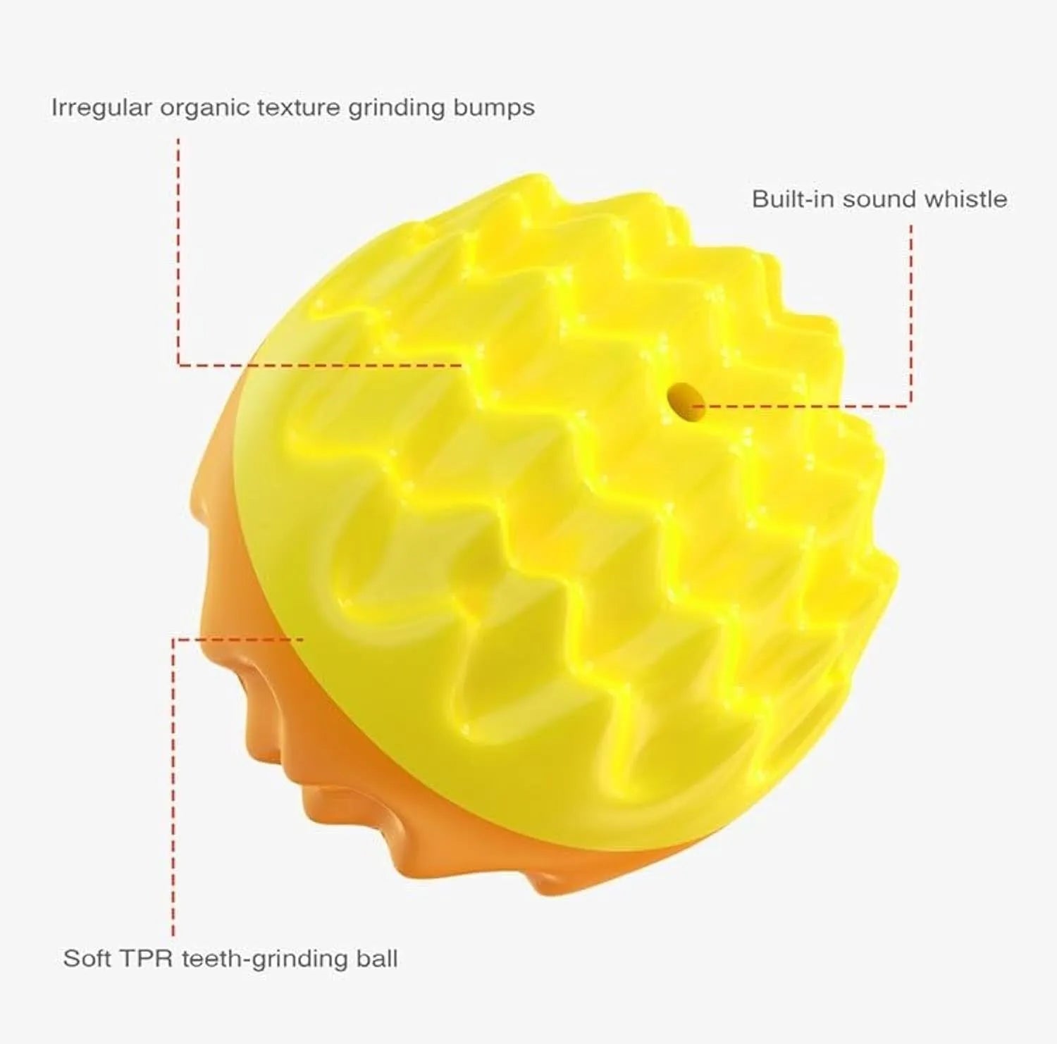 Blue and orange rubber dog ball with spiky texture for dental cleaning and squeaky sounds
