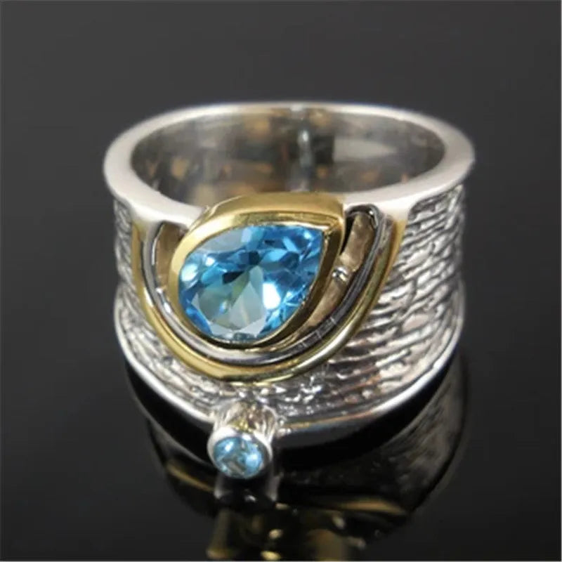 Blue alloy women's ring with Chinese style drop shape design and inlaid zircon rhinestone detailing