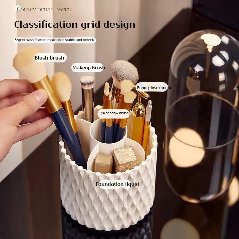 White acrylic makeup brush holder with transparent dust cover and rotating base