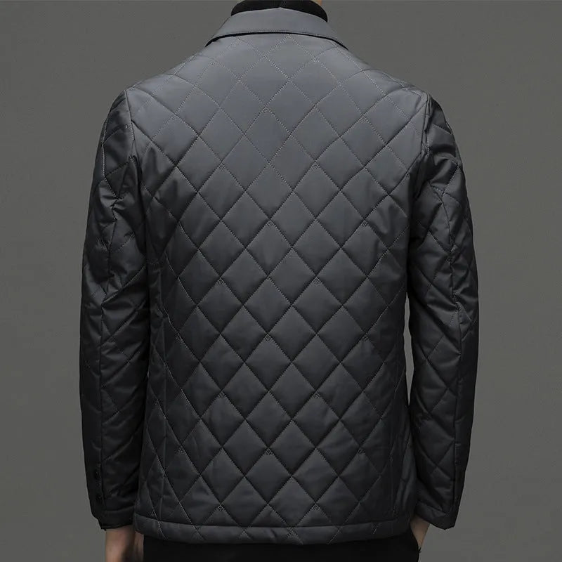 Men's black lapel collar down jacket in regular cardigan cut with side seam pockets.