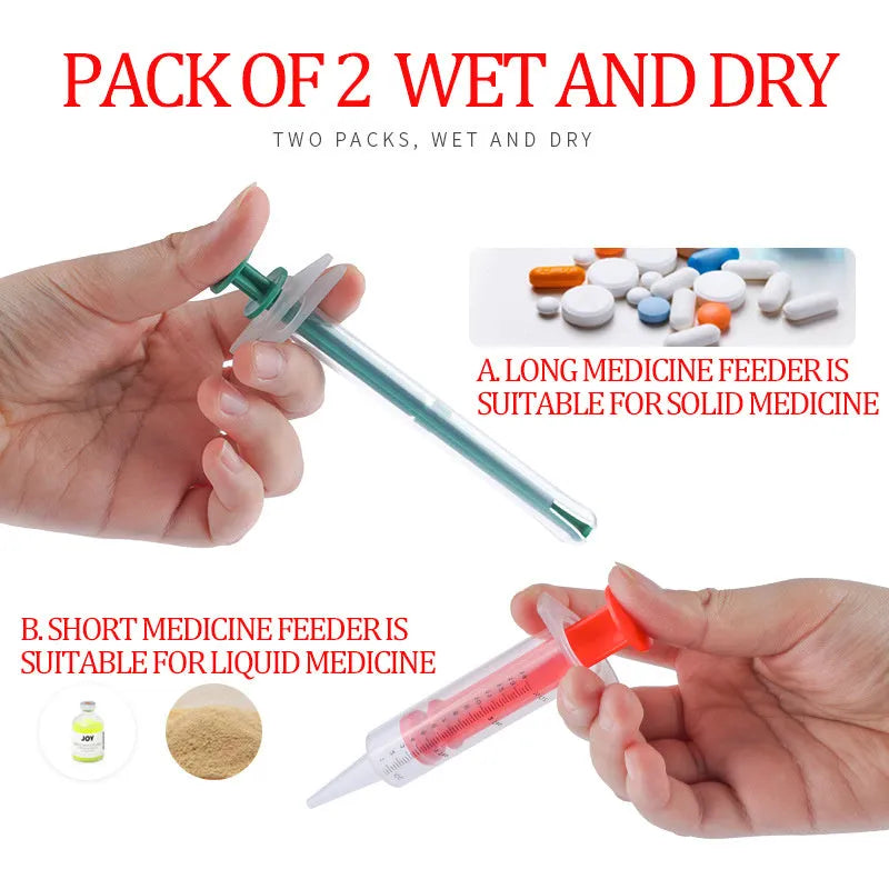 Two silicone-tipped pet pill shooters in different sizes on a white background.