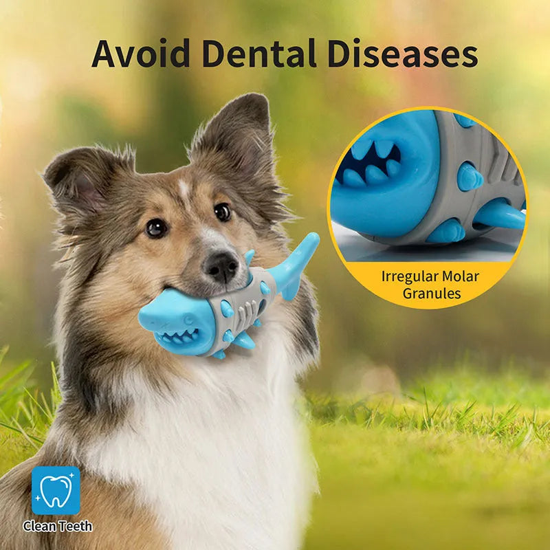 Dog teething leaky toy in blue with shark-tooth texture and vent holes