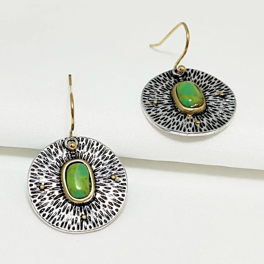 Retro creative turquoise colour separation earrings in antique silver alloy, electroplated finish, old money style