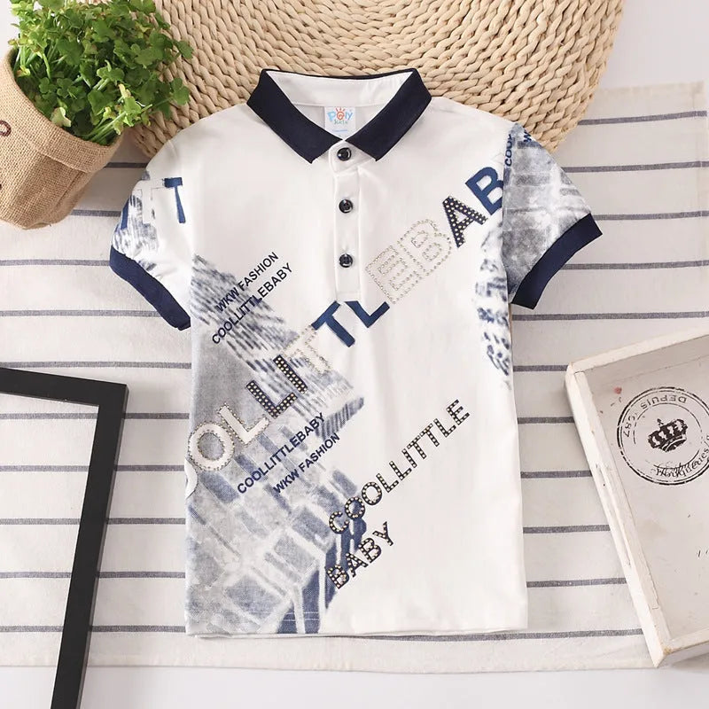 Boys short sleeve cotton t-shirt with lapel collar in solid colours red, grey, navy, or white.
