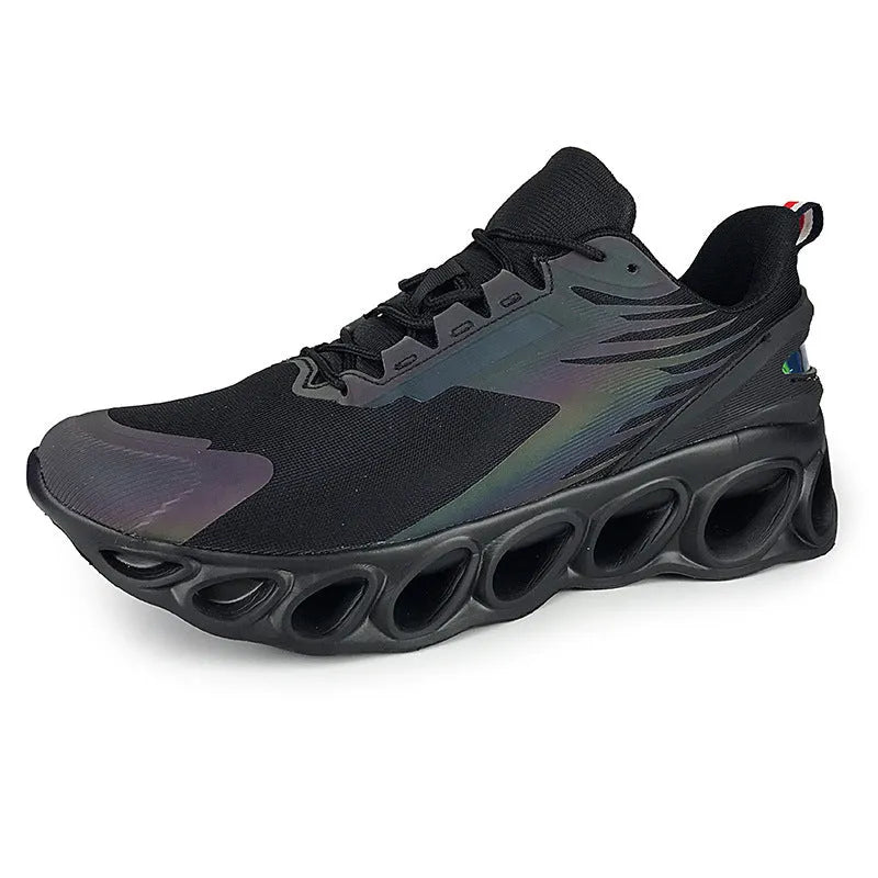 Men's low-top black breathable mesh casual sports shoes with a round toe and white lace-up fastening.