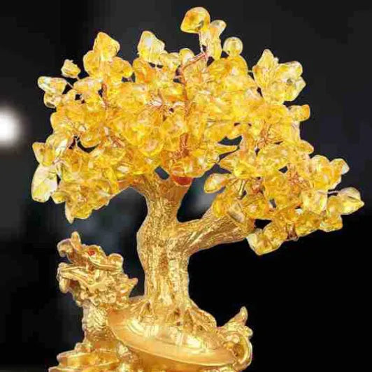 Citrine resin Feng Shui money tree ornament with small water turtle design measuring 18x11x23cm