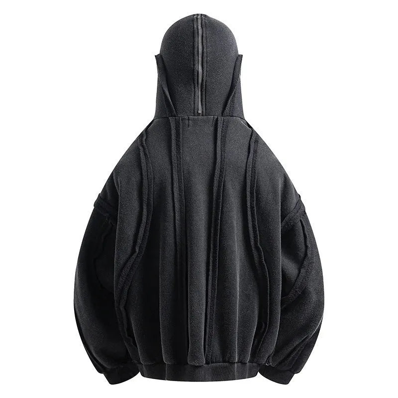 Men's black abstract pattern cotton hooded cardigan coat with zip fastening