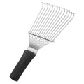 Black stainless steel dematting brush rake comb for dog and horse grooming, showing metal teeth and handle.