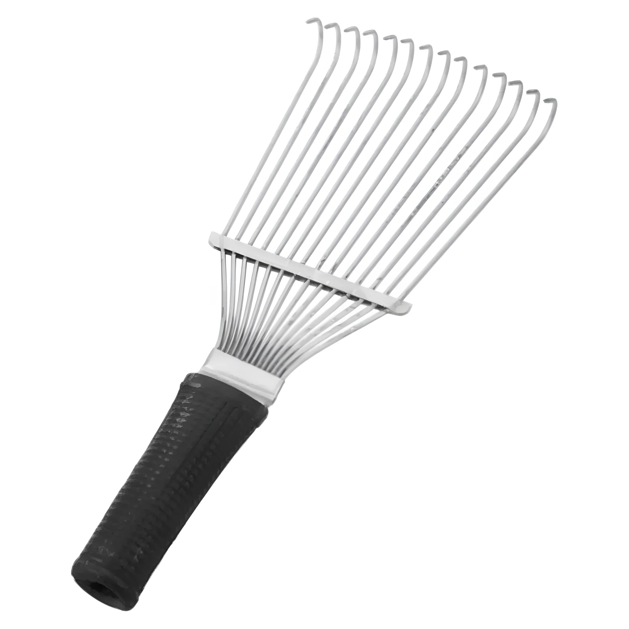 Black stainless steel dematting brush rake comb for dog and horse grooming, showing metal teeth and handle.