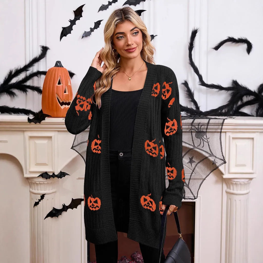 Women's black Halloween cardigan with orange pumpkin head jacquard knitted pattern, medium length straight cut design