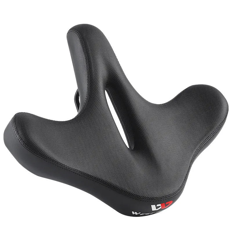 Black bicycle saddle cushion with thick foam padding for shock absorption on mountain bikes