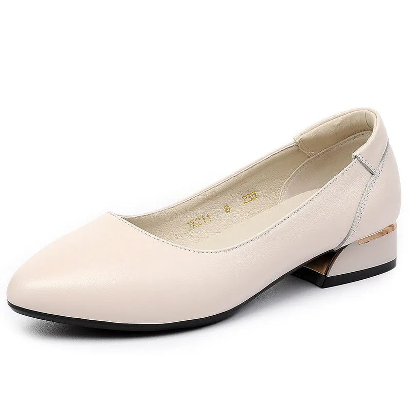 Autumn cowhide flat pointed low-cut shoes for women in beige with low heel and buckle closure