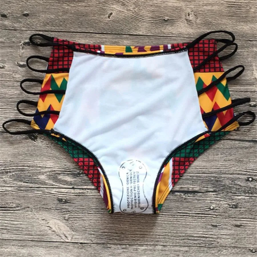 Women's digital print bikini with high-waisted briefs and backless design for swimming sports