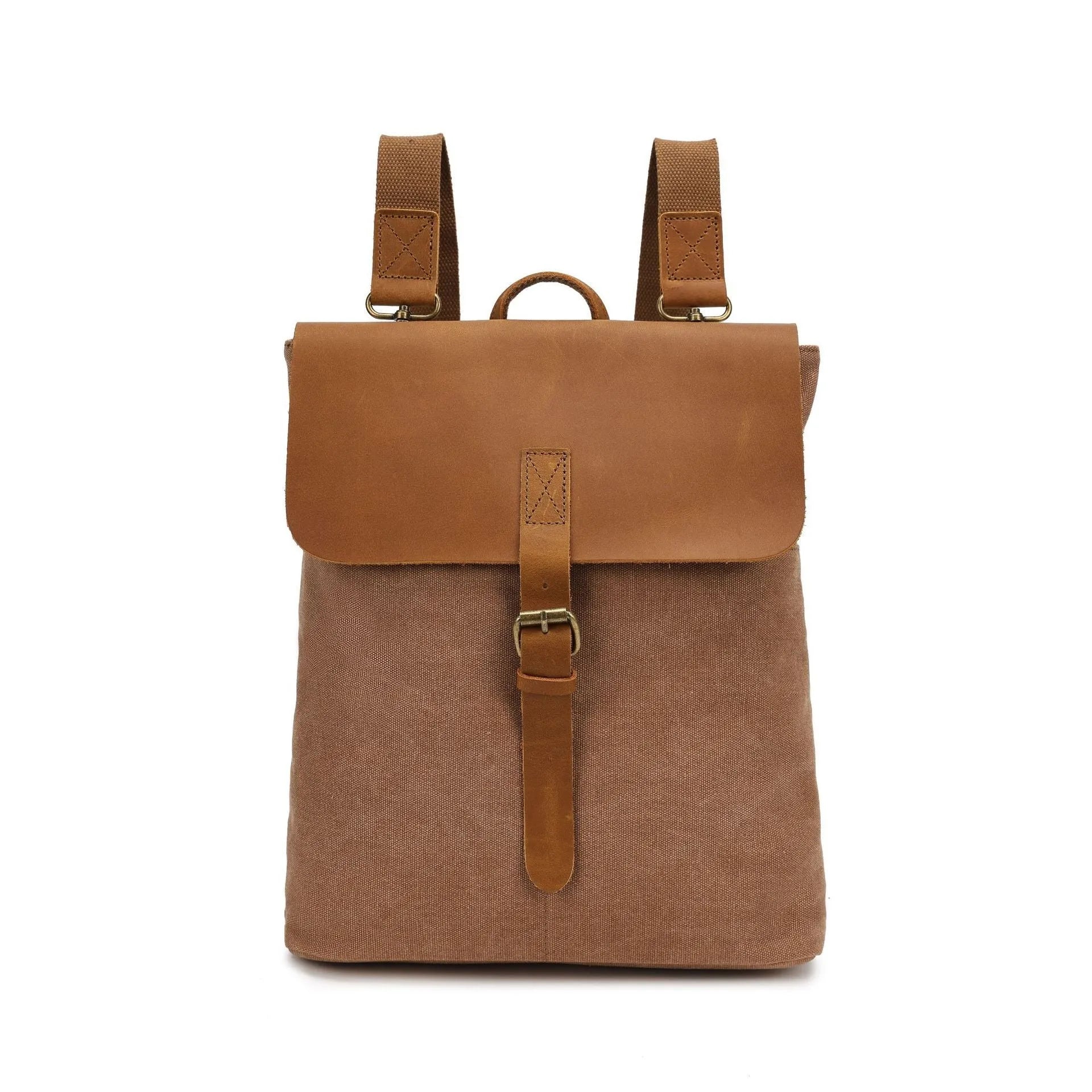 Canvas waterproof backpack with splicing design in khaki colour, 29x13x35cm