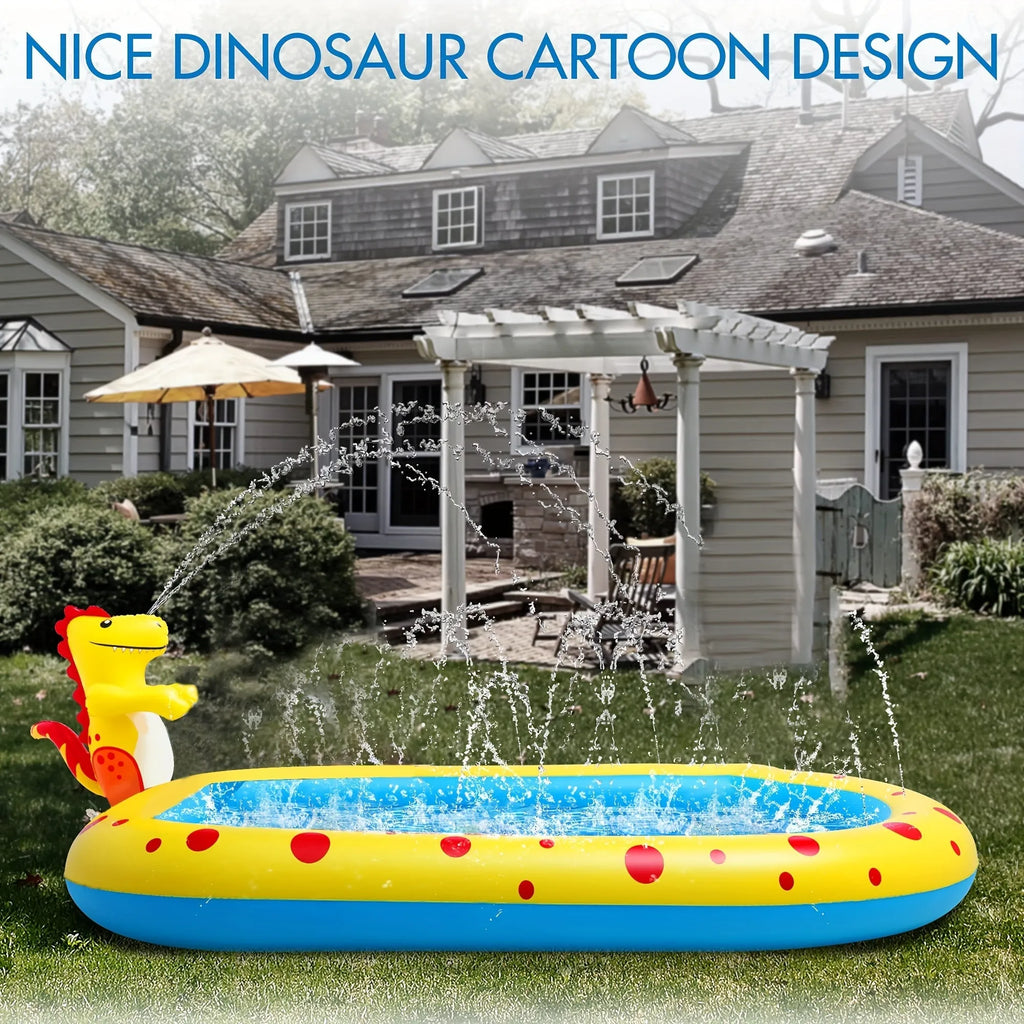 Blue dinosaur water spray pool for kids outdoor water play measuring 170cm