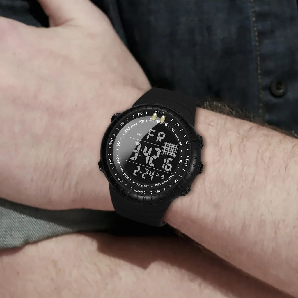 Men's black waterproof digital watch with plastic case and adjustable PU strap for outdoor activities