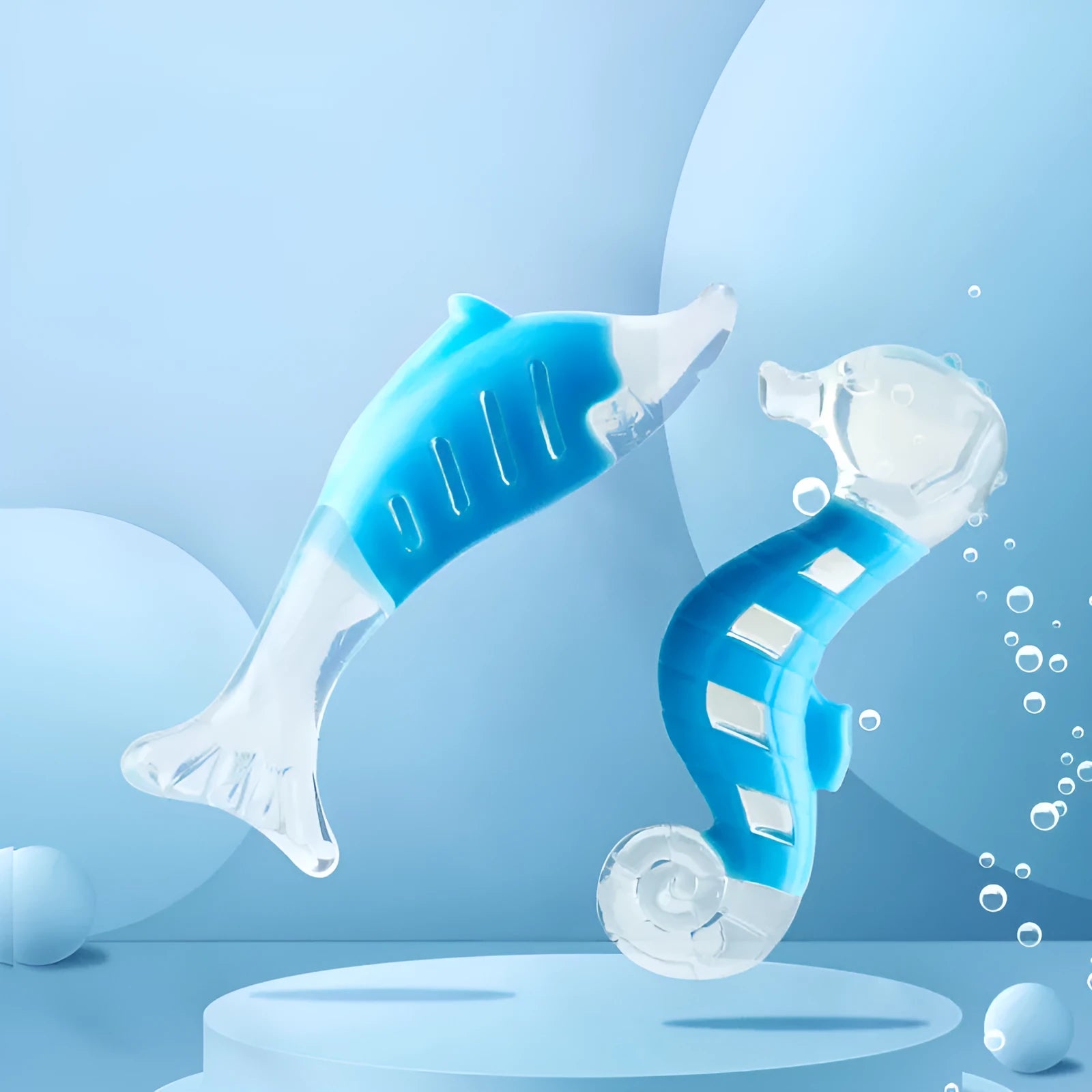Two dog chew toys: seahorse and tuna shapes made from PU nylon with textured surfaces for teeth cleaning, each 15cm long