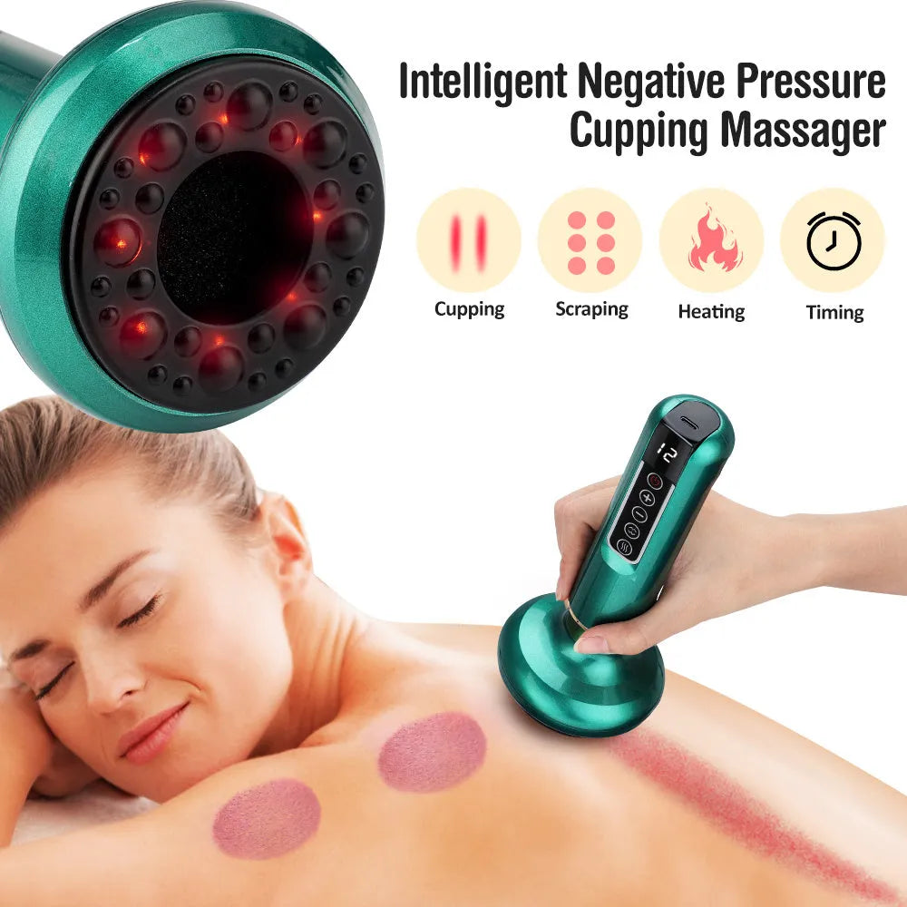Green electric vacuum cupping massager device with USB charger on a white background