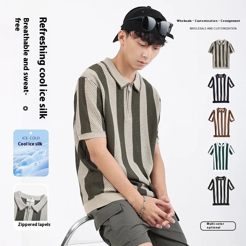 Men's striped ice silk short sleeve sweater with zip decoration detail in multiple colour options.