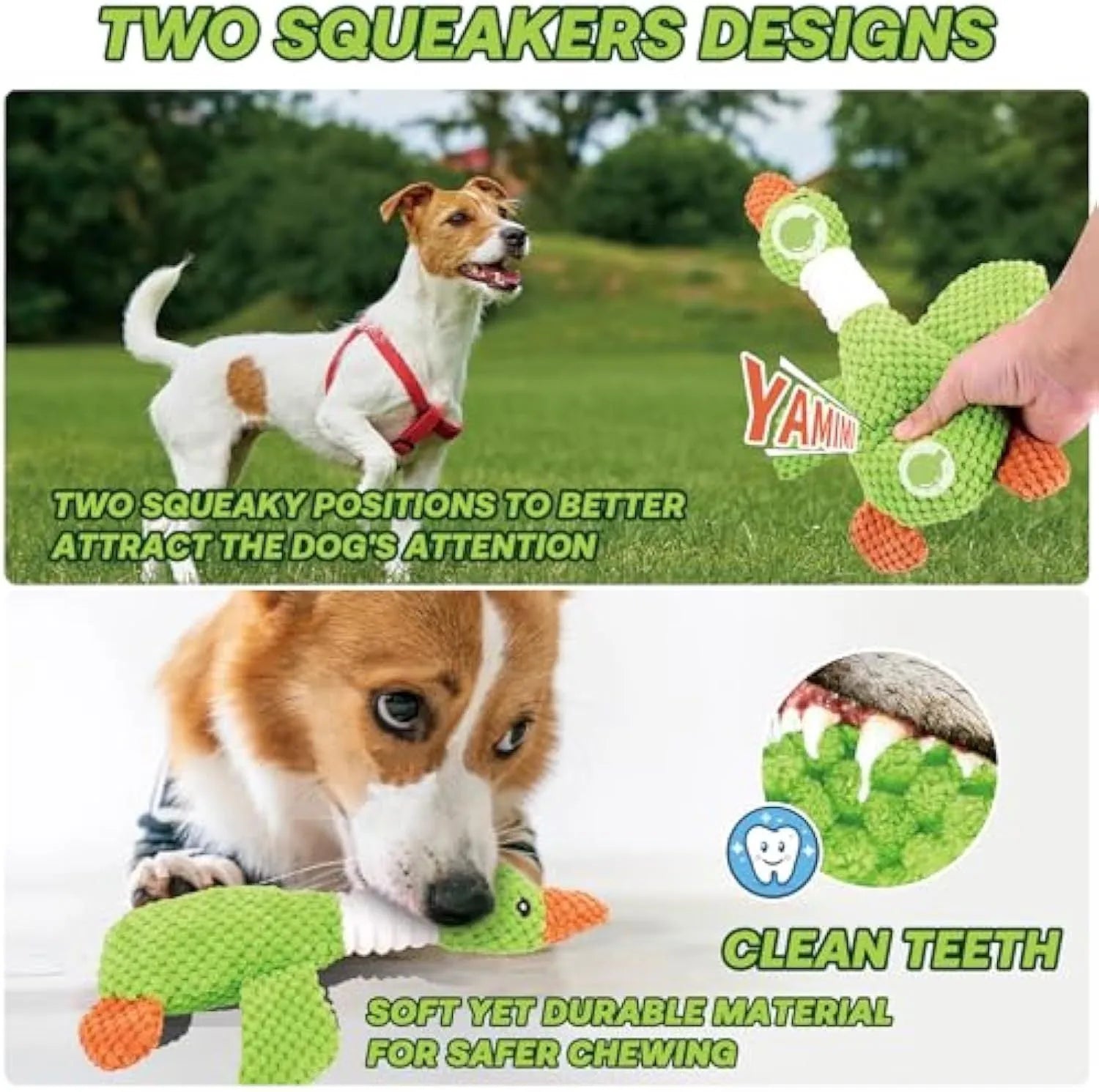 Blue durable duck dog plush toy with squeakers on a white background
