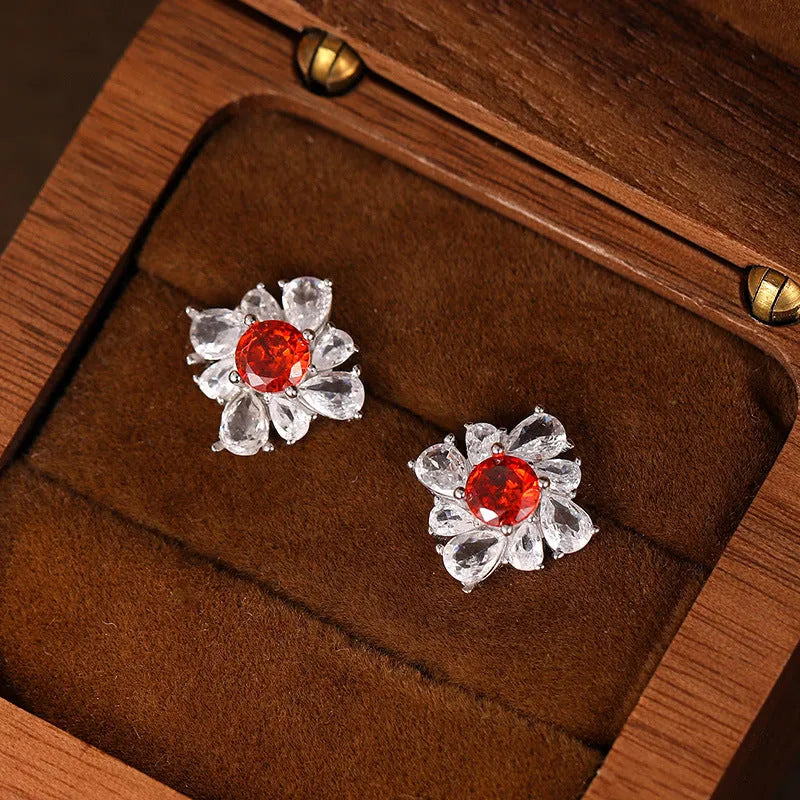 925 silver retro geometric red earrings with electroplated white gold finish and diamond temperament accent