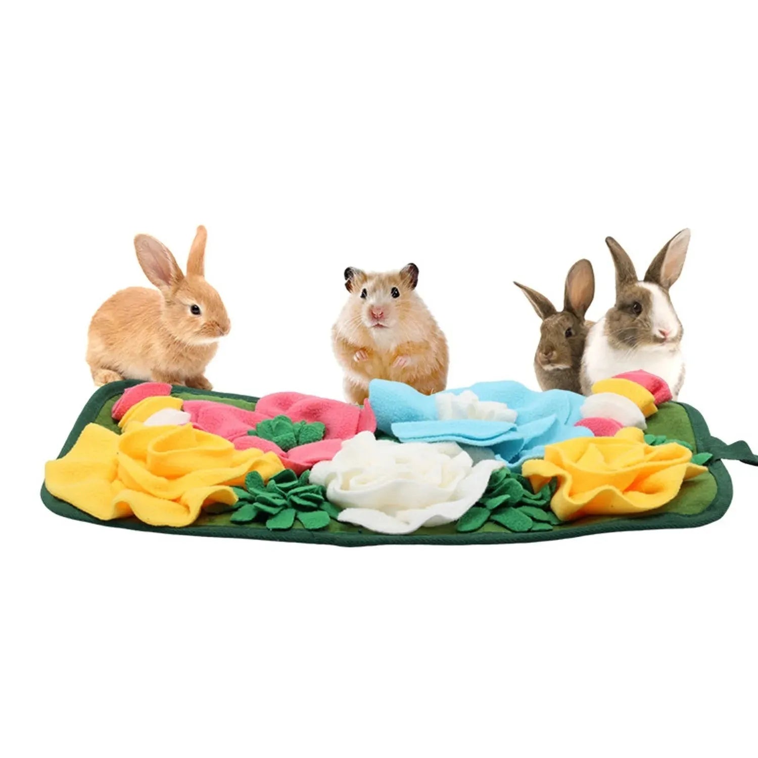 Gray square fleece foraging mat for rabbits and guinea pigs with soft strips for hiding treats