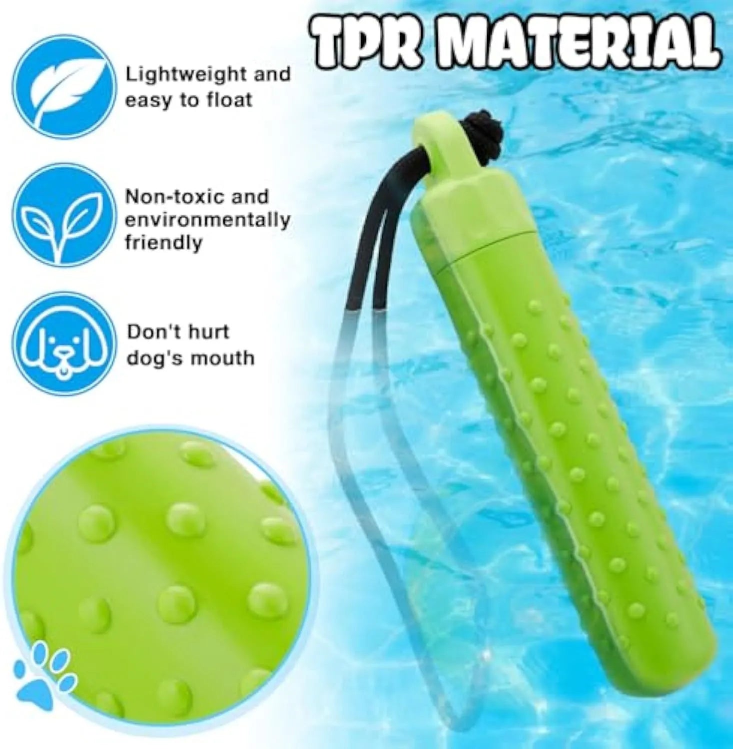 Floating dog pool toys in red and green TPR with rope, resting on water surface