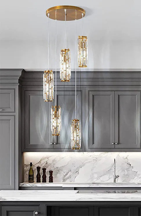 Industrial style LED crystal droplight in black finish with metal frame and crystal pendant detail