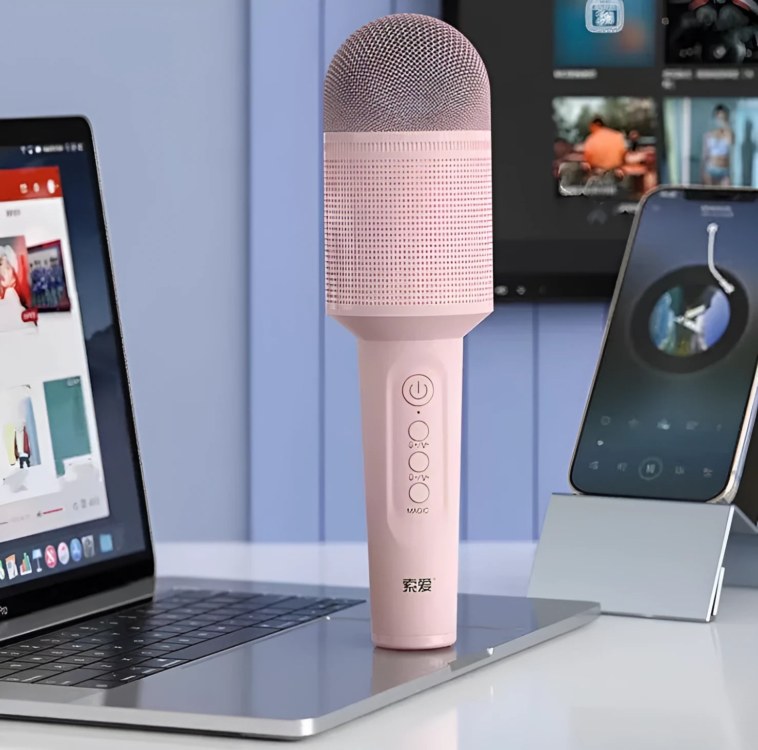 Wireless Bluetooth karaoke microphone in pink, blue, or green colour on a plain background.