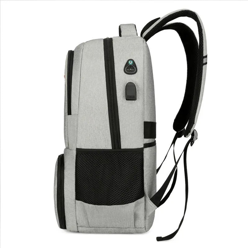 Light grey insulated Oxford cloth backpack with curved shoulder straps and pull rod belt for travel