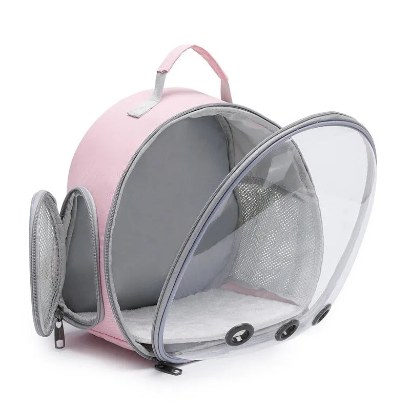 Transparent pet backpack carrier with bubble window for small animals like hamsters and guinea pigs, black colour