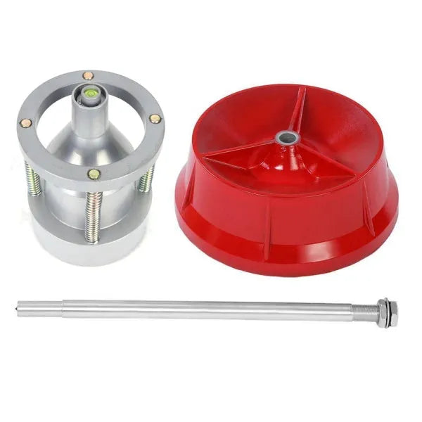 Portable manual hub balancer with aluminium head and bull's eye level on enamel base.